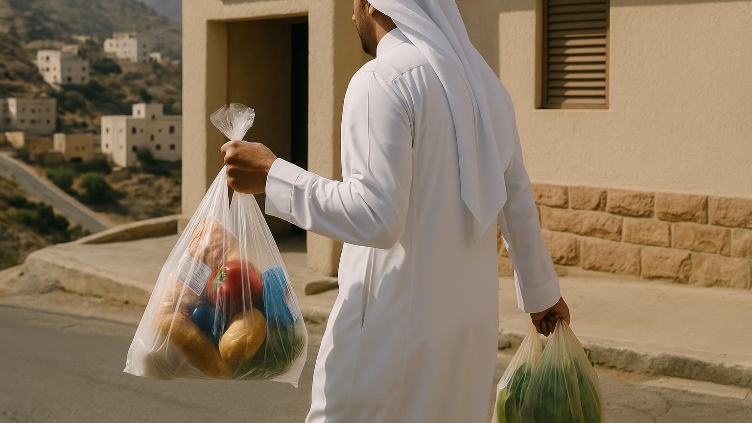 تفصيل لحمل أكياس مشتريات أثناء الحركة على طريق منحدر.