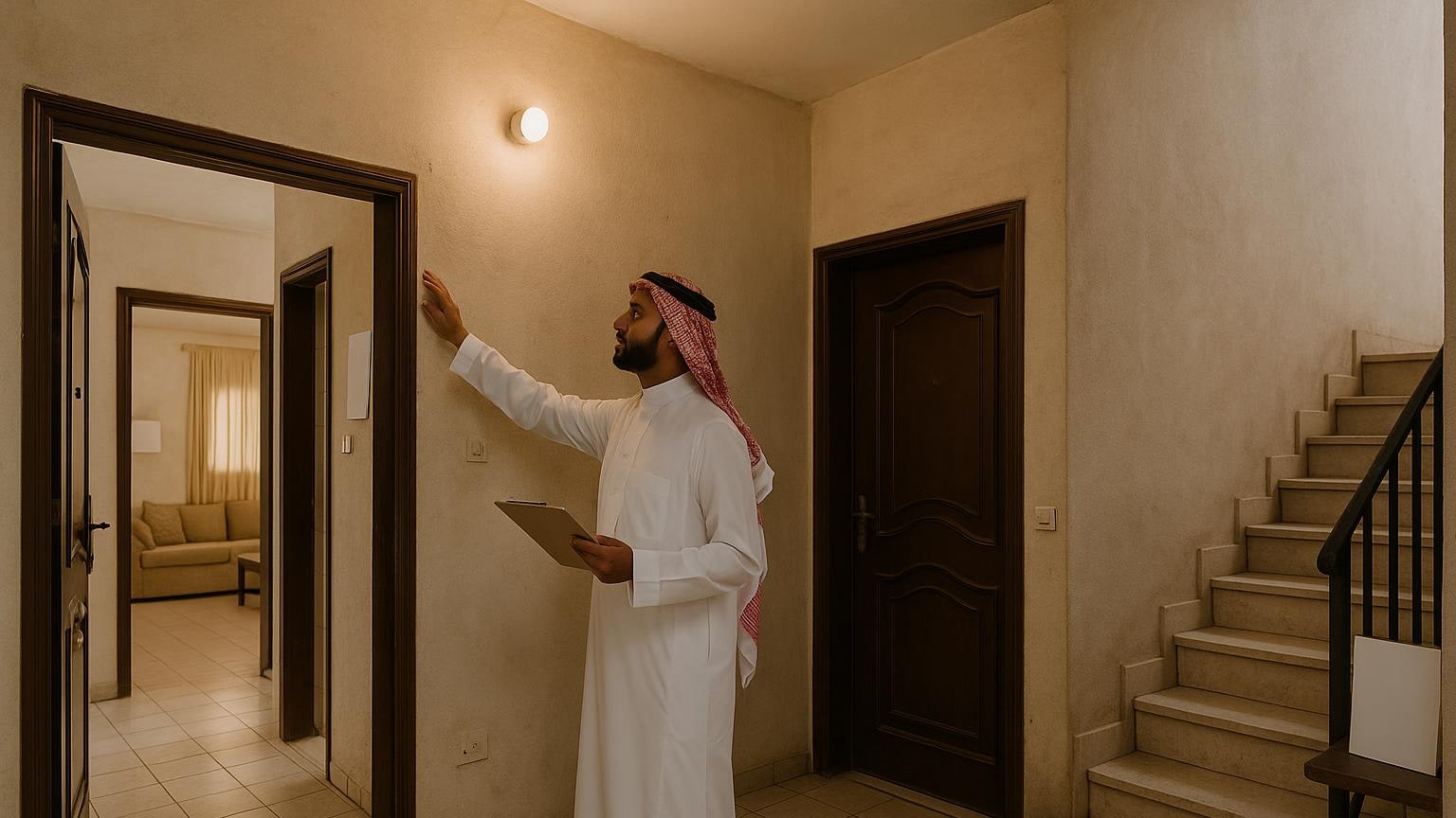 مشهد مكتبي توضيحي لمراجعة الخيارات العقارية دون بيانات مقروءة مرتبط بموضوع «المدخل المشترك جزء من تجربة المستأجر»