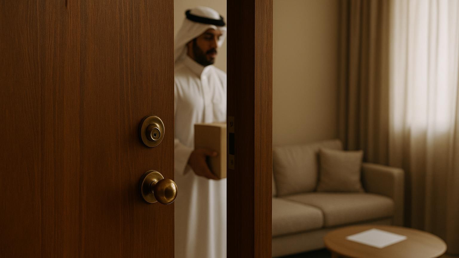 لقطة قريبة لباب شقة مفتوح جزئياً أثناء تسليم طلب عند العتبة.