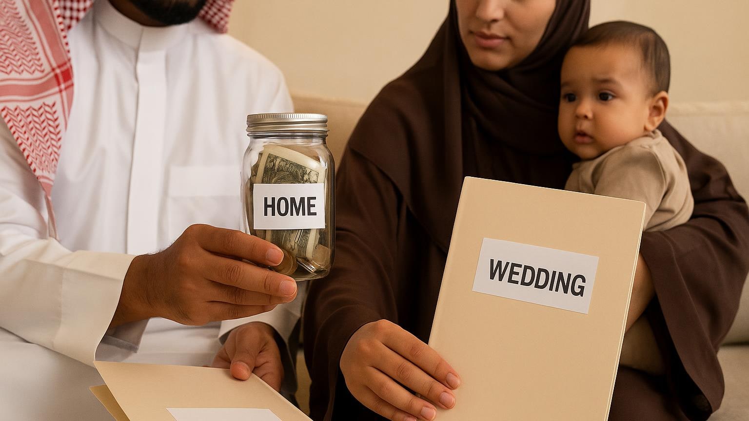 مشهد مكتبي عملي يوضح تنظيم المستندات والتخطيط المالي دون بيانات مقروءة مرتبط بموضوع «الدفعة الأولى لا تأكل سنة الزواج أو المولود»