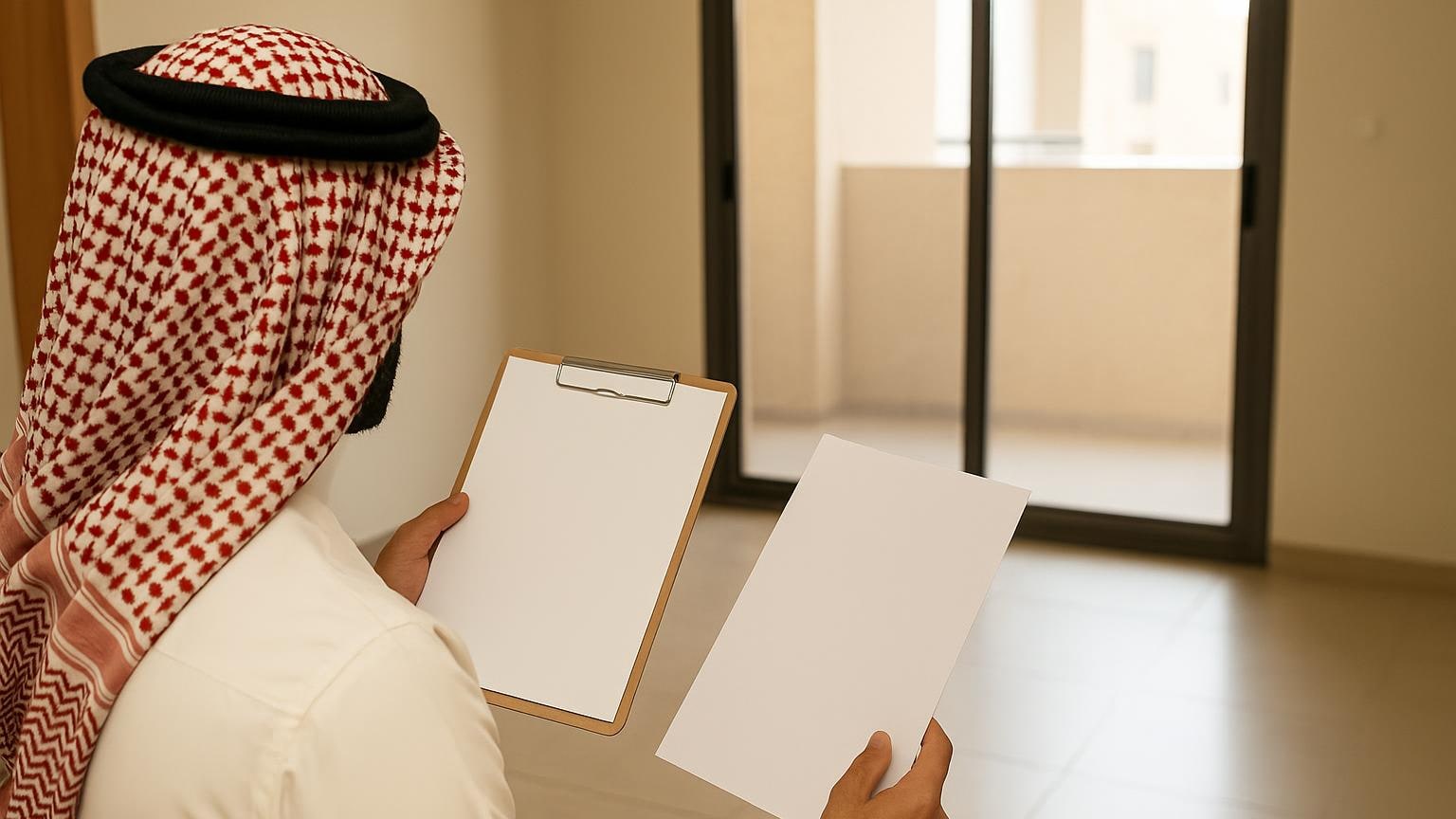مشهد مكتبي توضيحي لمراجعة الخيارات العقارية دون بيانات مقروءة مرتبط بموضوع «من قد يشتري منك لاحقاً غير مستثمر مثلك؟»