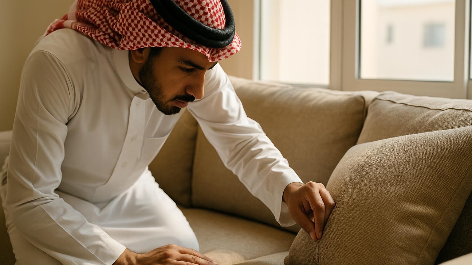 مشهد توضيحي عملي للحياة في منزل مستأجر مرتبط بموضوع «الكنبة المفروشة تحت ضوء النافذة لا إضاءة المساء»