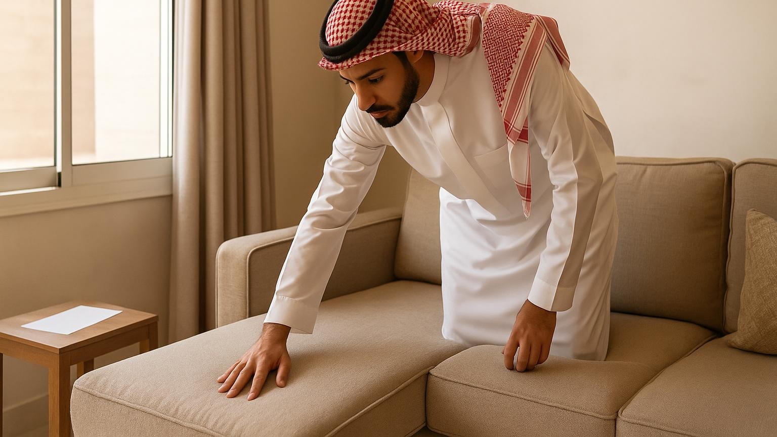 الكنبة المفروشة تحت ضوء النافذة لا إضاءة المساء