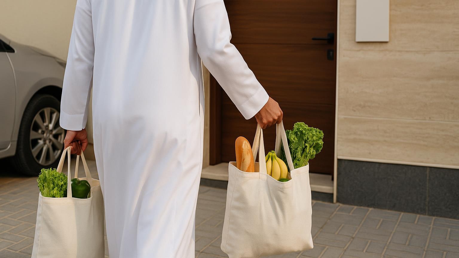 مشهد توضيحي لخطوة عملية في فحص المنزل والاستعداد للشراء مرتبط بموضوع «رحلة المشتريات من صندوق السيارة إلى المخزن»