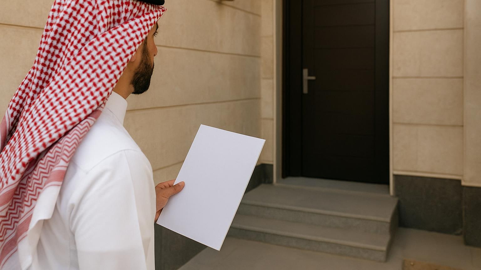 تفصيل توثيقي لمدخل وحدة في طابق أرضي يُفحص من منظور المستأجر.