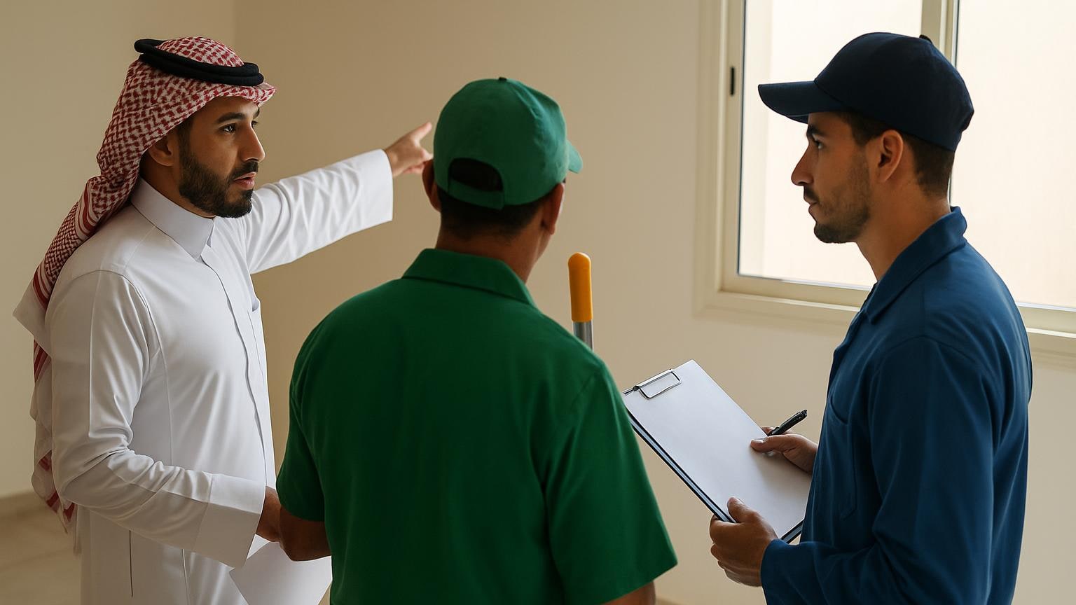 مشهد مكتبي توضيحي لمراجعة الخيارات العقارية دون بيانات مقروءة مرتبط بموضوع «أسبوع بين مستأجرين له تكلفة وساعة»