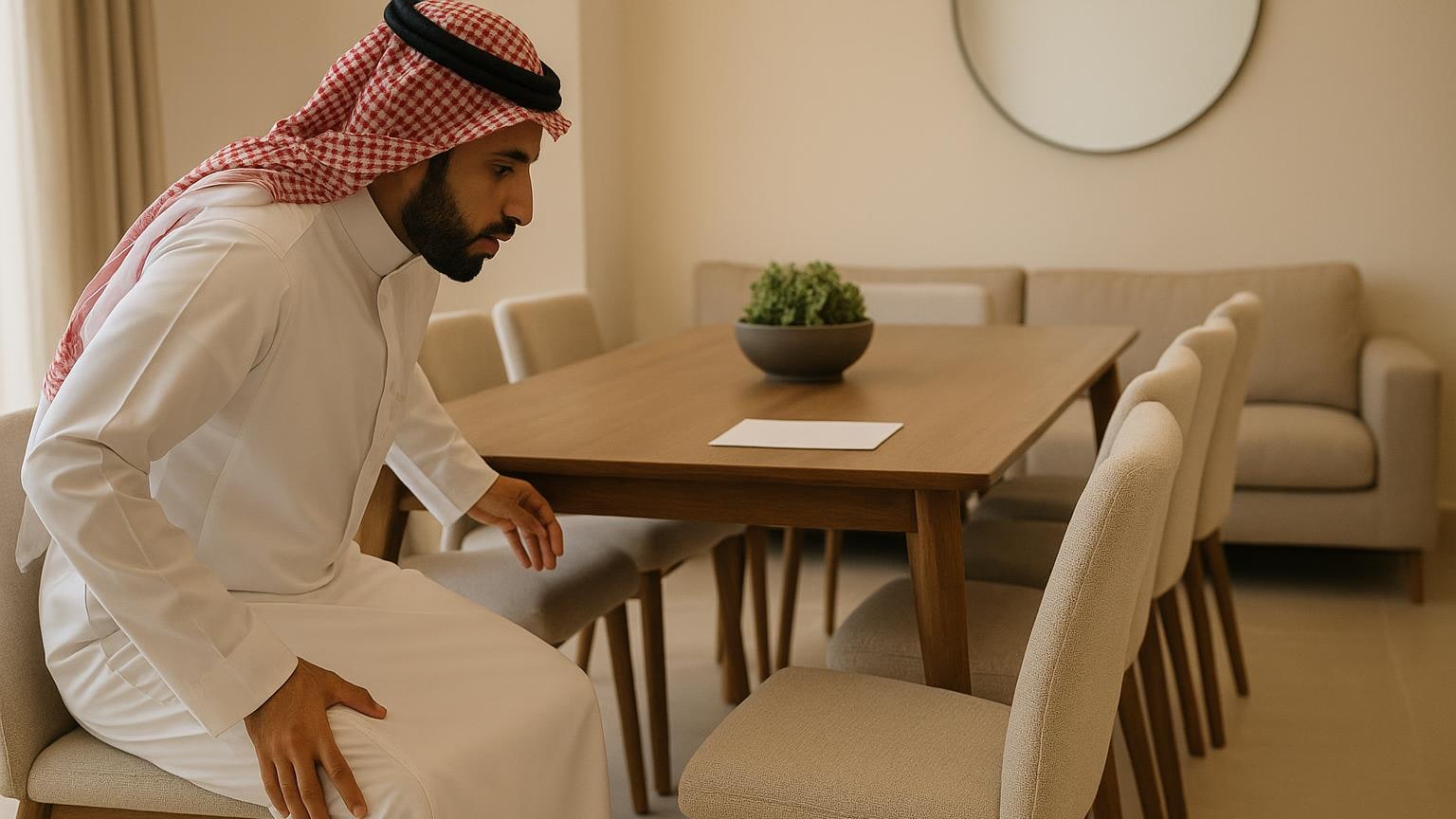 مشهد منزلي توضيحي للعناية بالمسكن وتنظيم مسؤولياته مرتبط بموضوع «عدد الضيوف الذي يخدمه البيت براحة»