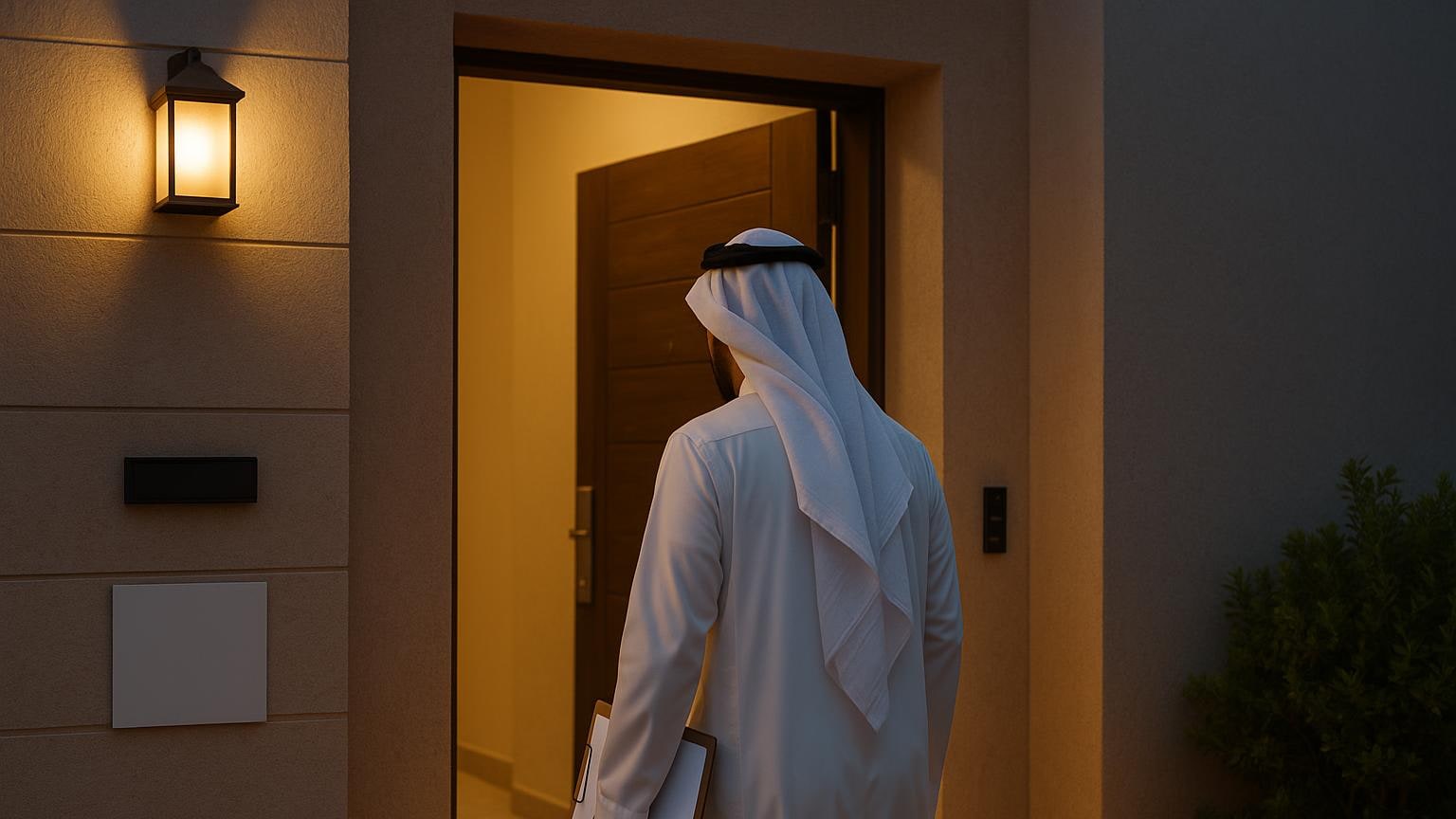 تفصيل من بيئة سكنية مسائية قرب واجهة بحرية، يبرز النوافذ والتهوية المحيطة.