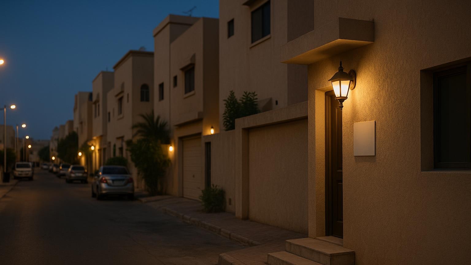 لقطة قريبة لمدخل أو منطقة توقف في شارع سكني مساءً.