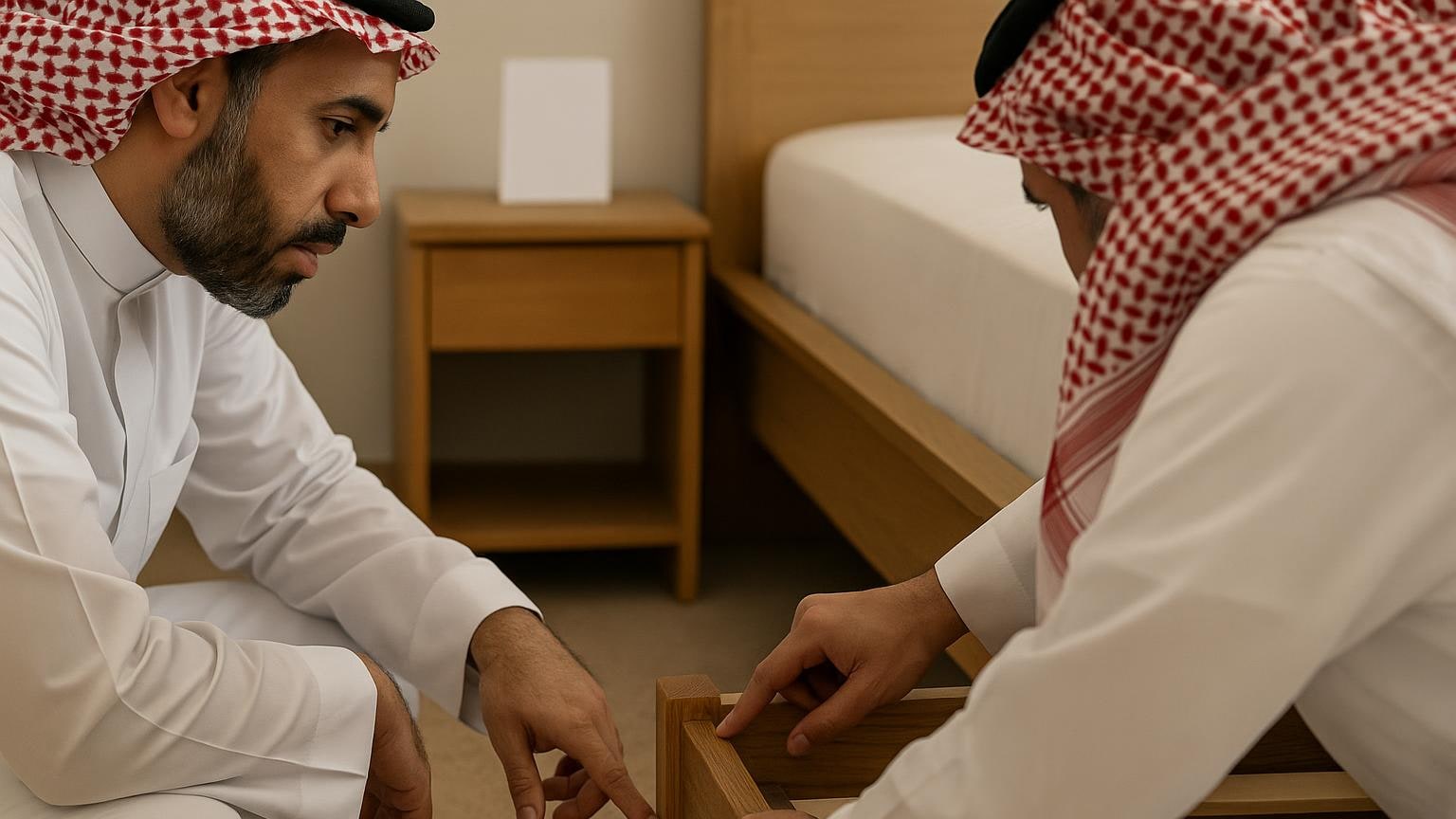 مشهد عملي يوضح أداة أو جزءاً منزلياً أثناء الفحص والصيانة مرتبط بموضوع «صرير السرير: شخص يتحرك وآخر يحدد النقطة»