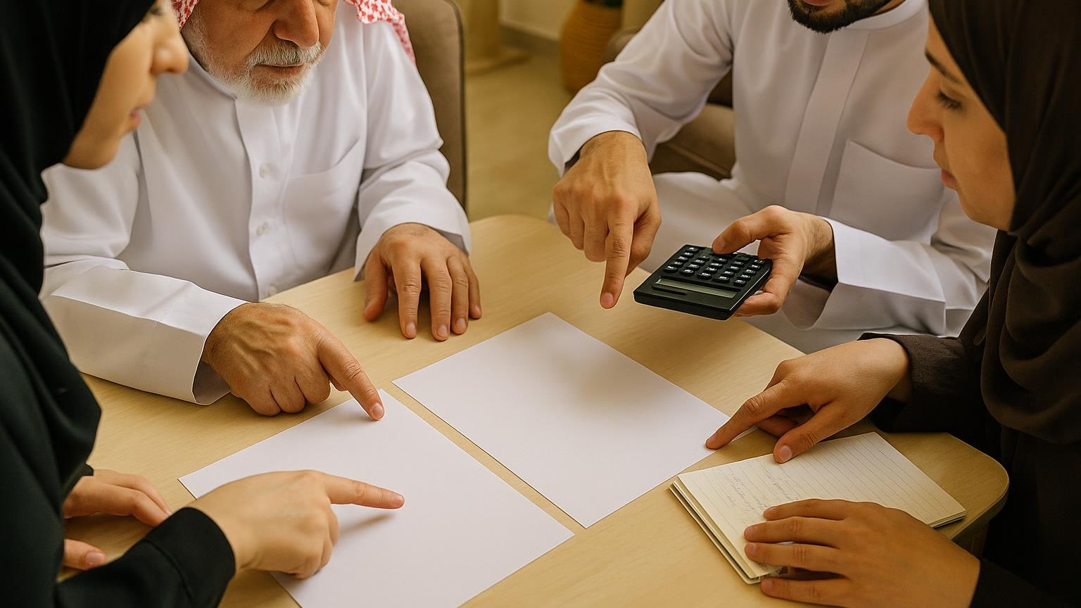 تفصيل عائلي عام لاجتماع عدة أجيال حول موضوع المساهمات وتوزيع مسؤوليات المنزل.