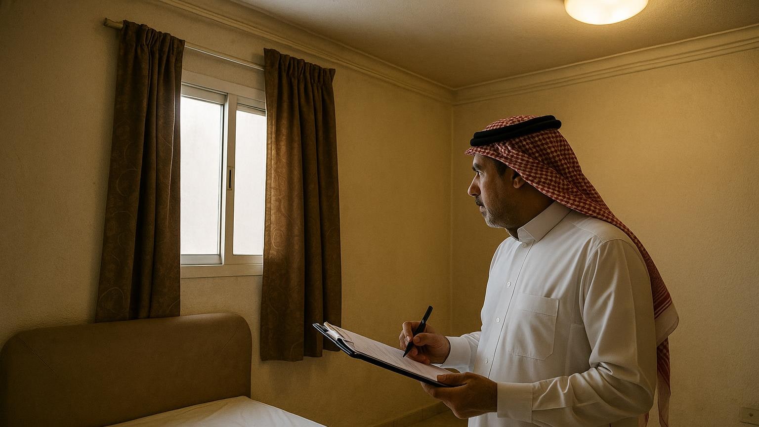 تفصيل توثيقي لغرفة سكنية تُراجع فيها ظروف الإضاءة والعوائق قبل التصوير.
