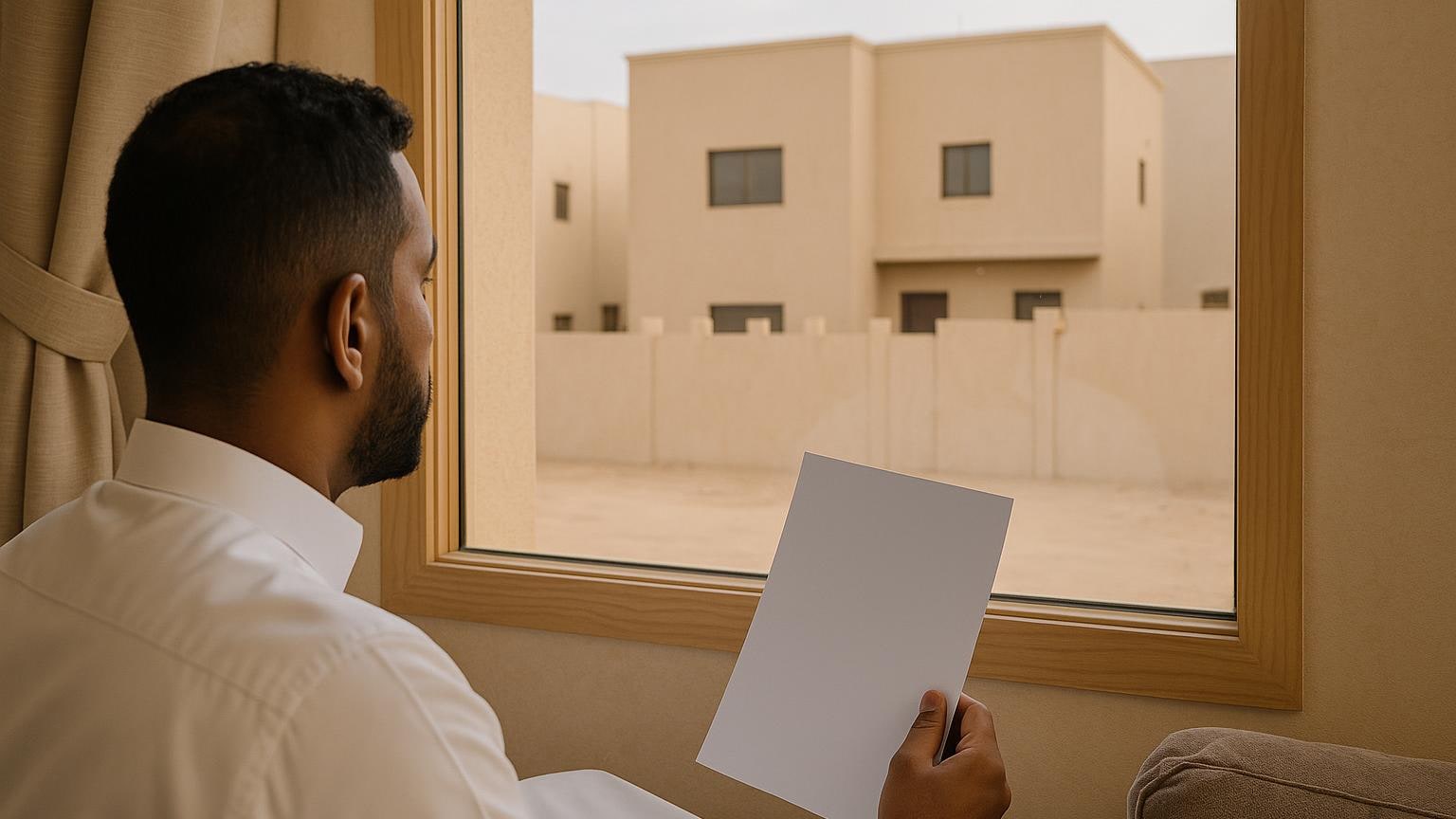 لقطة قريبة لخط النظر من مستوى جلوس داخل غرفة معيشة باتجاه نافذة مقابلة.