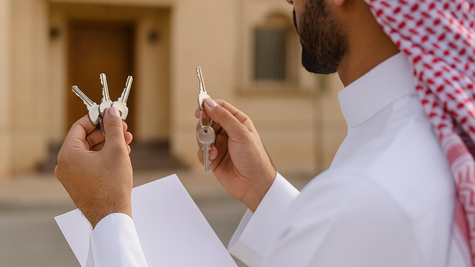 مشهد مكتبي توضيحي لمراجعة الخيارات العقارية دون بيانات مقروءة مرتبط بموضوع «ثلاث وحدات في مبنى واحد: سهولة أم تركّز؟»