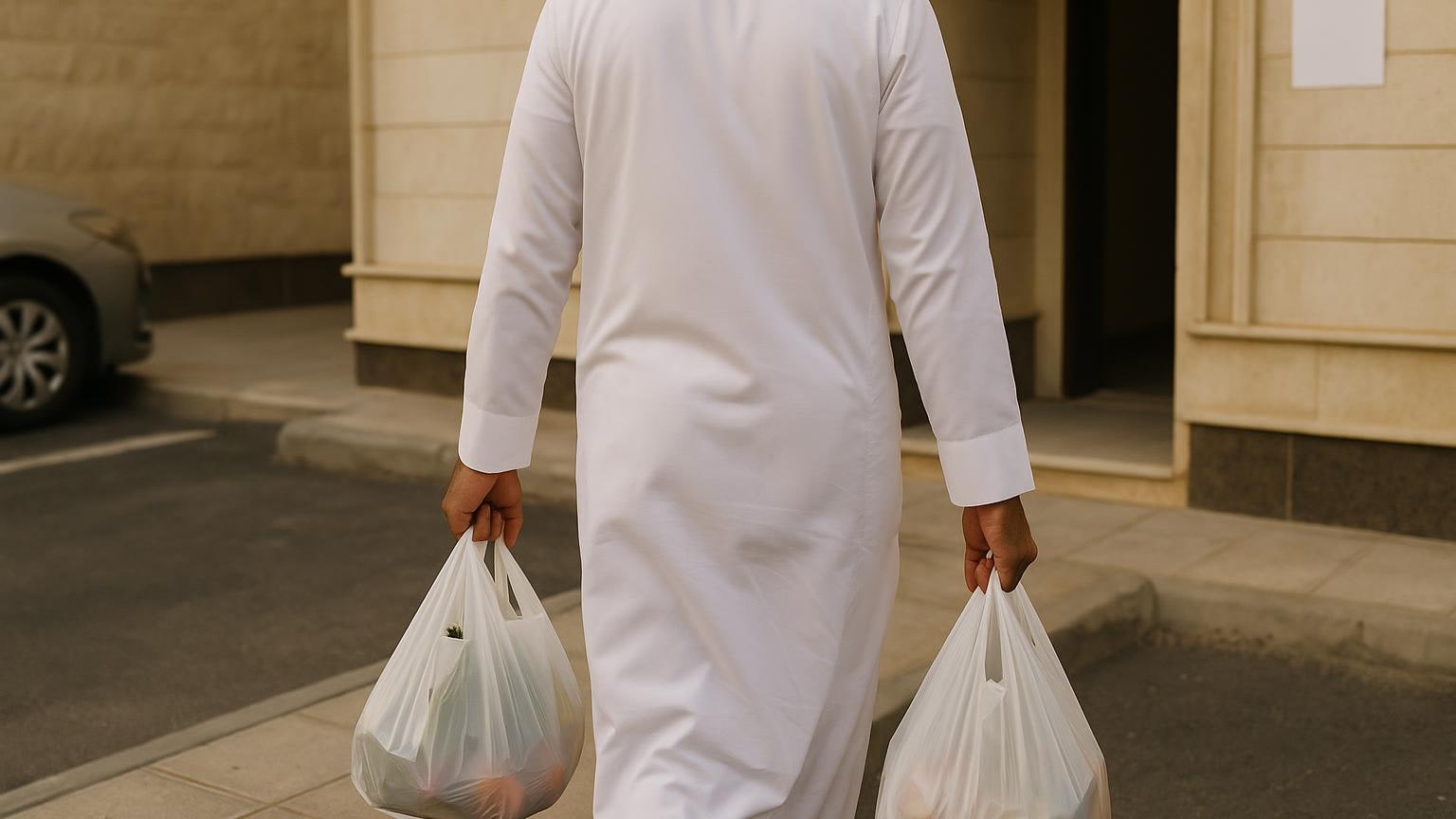 تفصيل لمستأجر يحمل أكياساً أثناء مروره في مسار الوصول من الموقف إلى مبنى سكني.