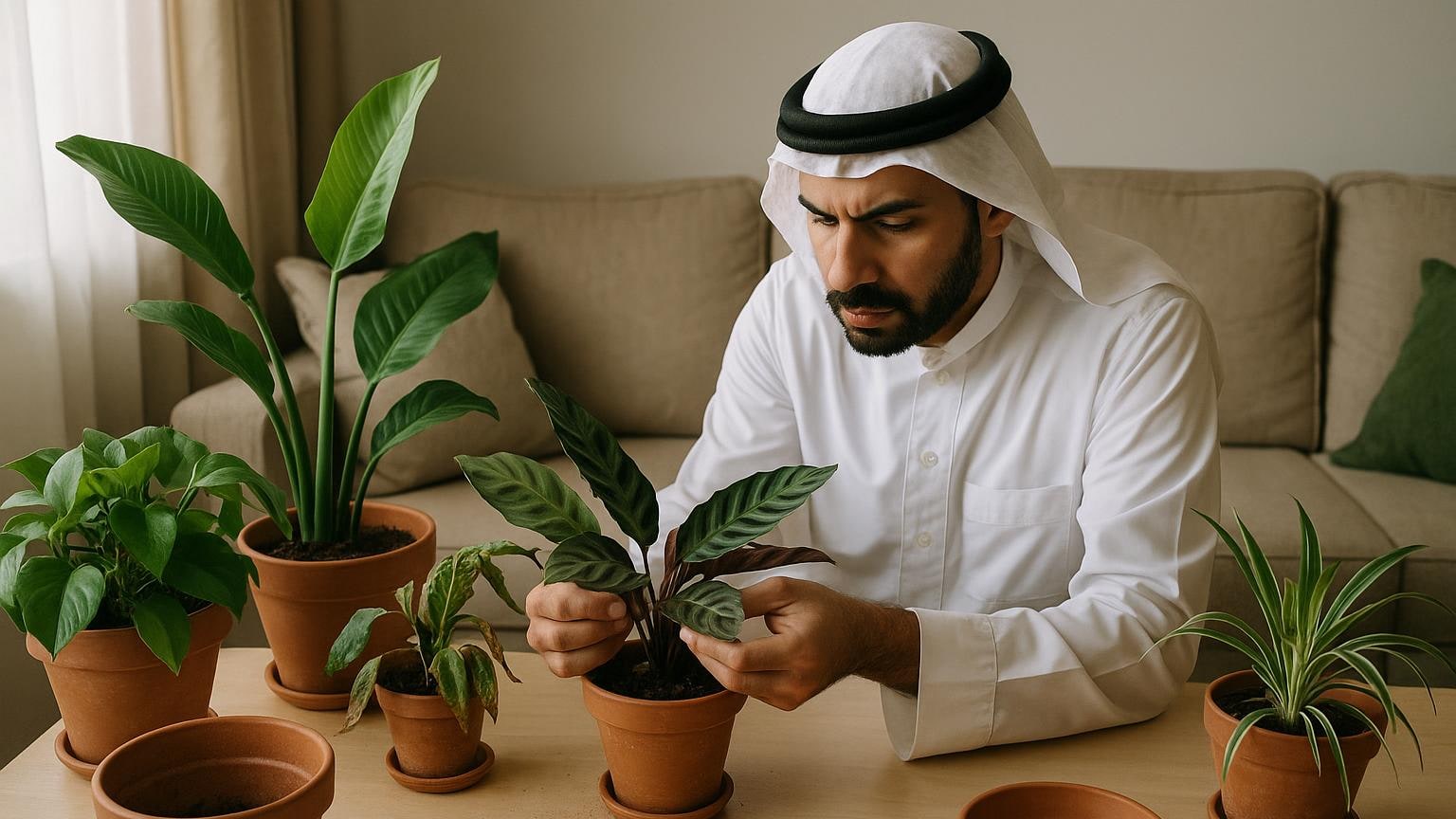 نباتات منزلية مختلفة الأحجام مصطفة على طاولة فرز، مع فحص الأوراق والأصص والجذور قبل اتخاذ قرار نقلها أو إكثارها أو إهدائها.