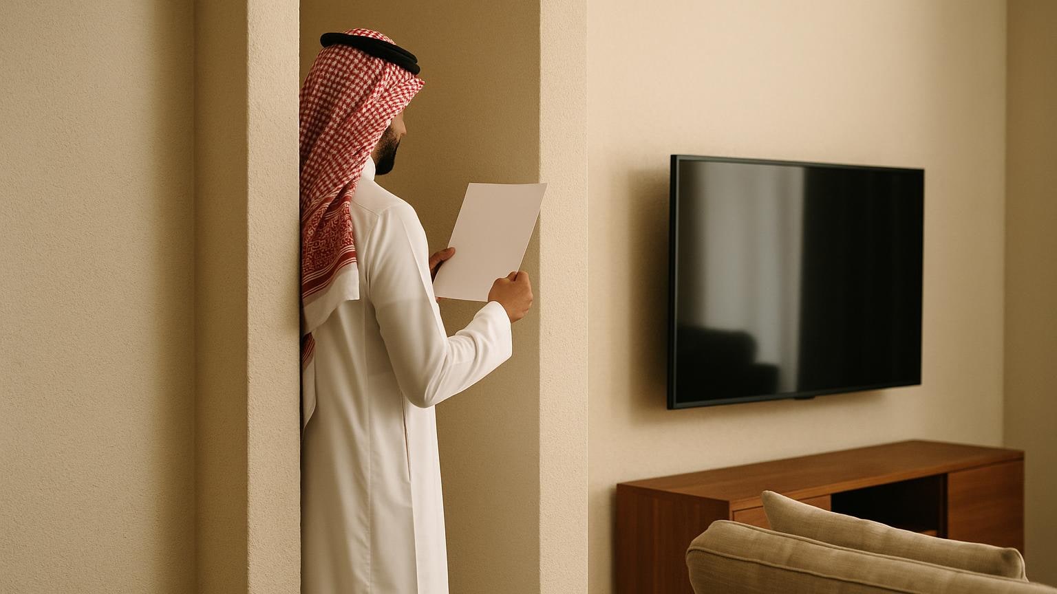 مشهد توضيحي لخطوة عملية في فحص المنزل والاستعداد للشراء مرتبط بموضوع «هدوء الصلاة بين الممر والتلفاز»