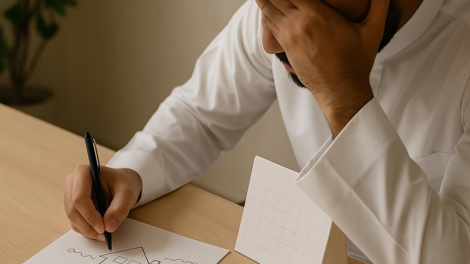مستأجر يراجع ملاحظات عن المسكن بجوار تقويم ذي خانات غير مقروءة.