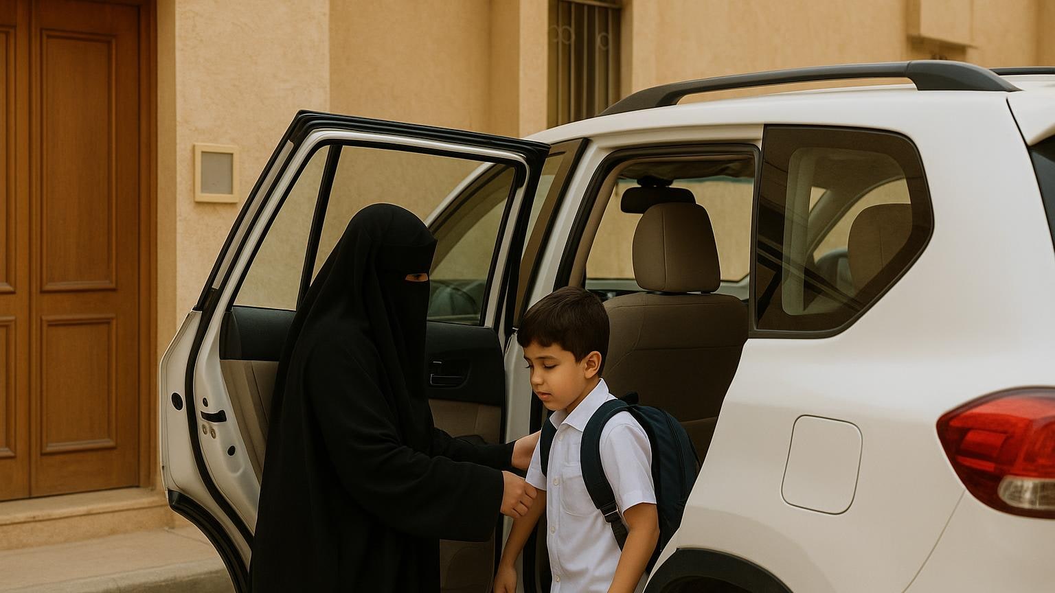 تفصيل لشارع سكني مزدحم قرب مداخل المنازل أثناء وقت الانصراف.