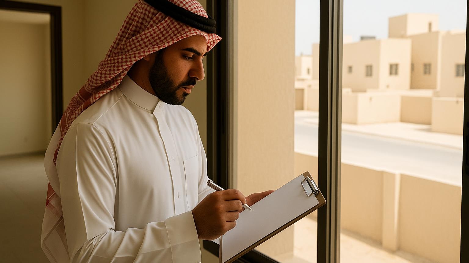 مشهد مكتبي توضيحي لمراجعة الخيارات العقارية دون بيانات مقروءة مرتبط بموضوع «وحدة شاغرة في صيف الرياض تحتاج جولة تشغيل»
