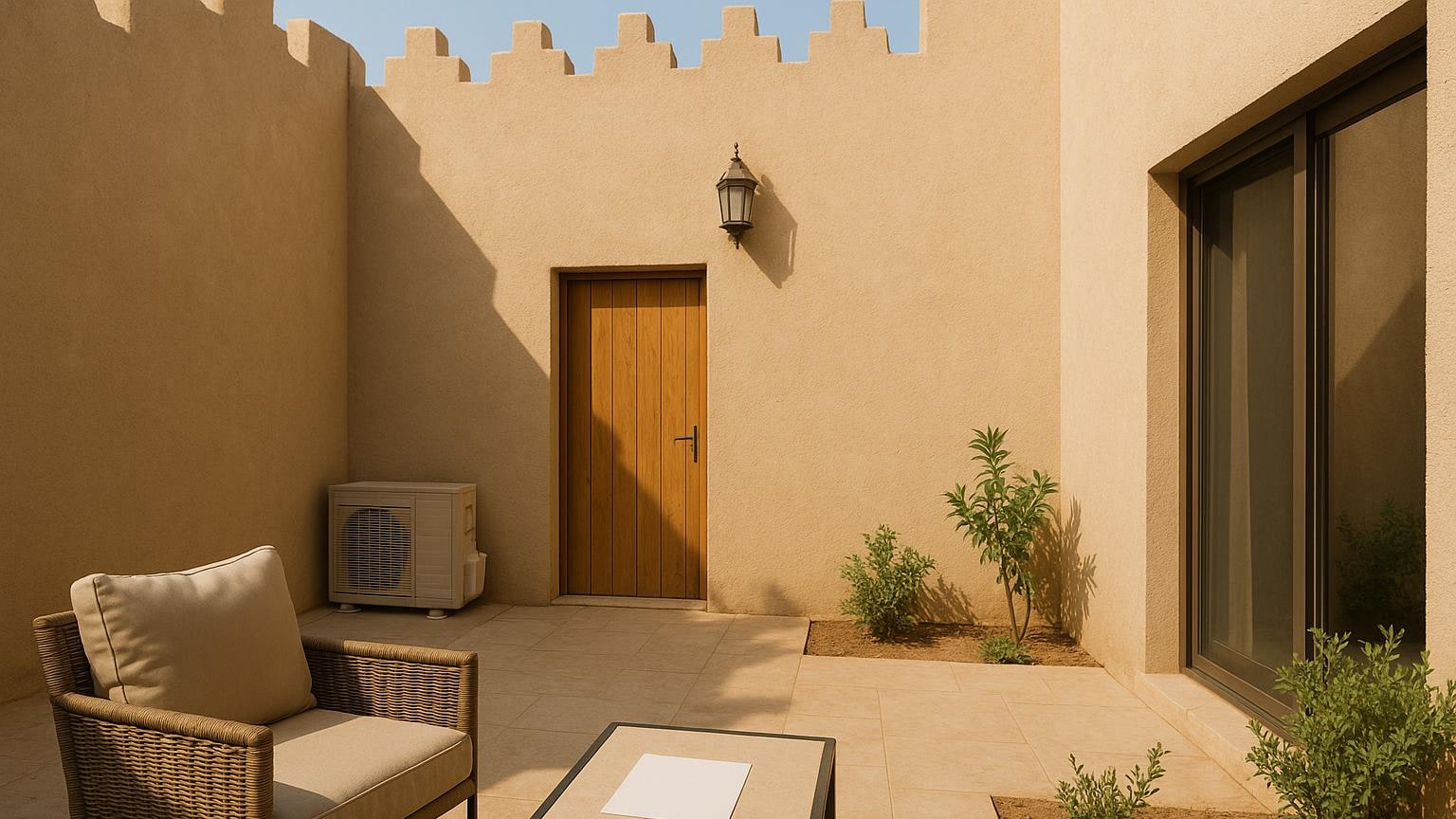 مشهد سكني عام غير منسوب إلى موقع أو عقار حقيقي مرتبط بموضوع «فناء الرياض في شمس الشتاء»