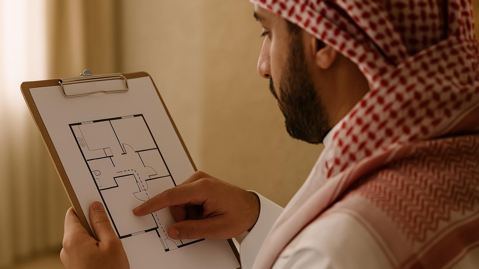 مشهد مكتبي توضيحي لمراجعة الخيارات العقارية دون بيانات مقروءة مرتبط بموضوع «قبل شراء وحدة استثمارية: عش يوم المستأجر على الورق»