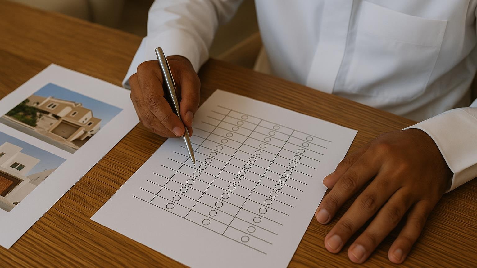 مشهد مكتبي توضيحي لمراجعة الخيارات العقارية دون بيانات مقروءة مرتبط بموضوع «كثرة الزيارات لا تعني جودة العرض»