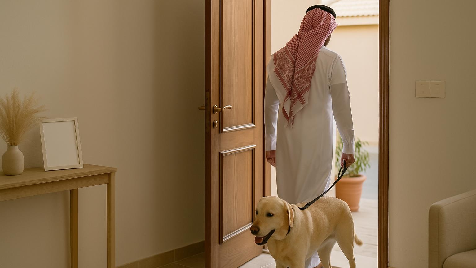 مشهد توضيحي لتجهيز المنزل وعرض تفاصيله بوضوح مرتبط بموضوع «الحيوان الأليف أثناء المعاينة: راحته وراحة الزائر»