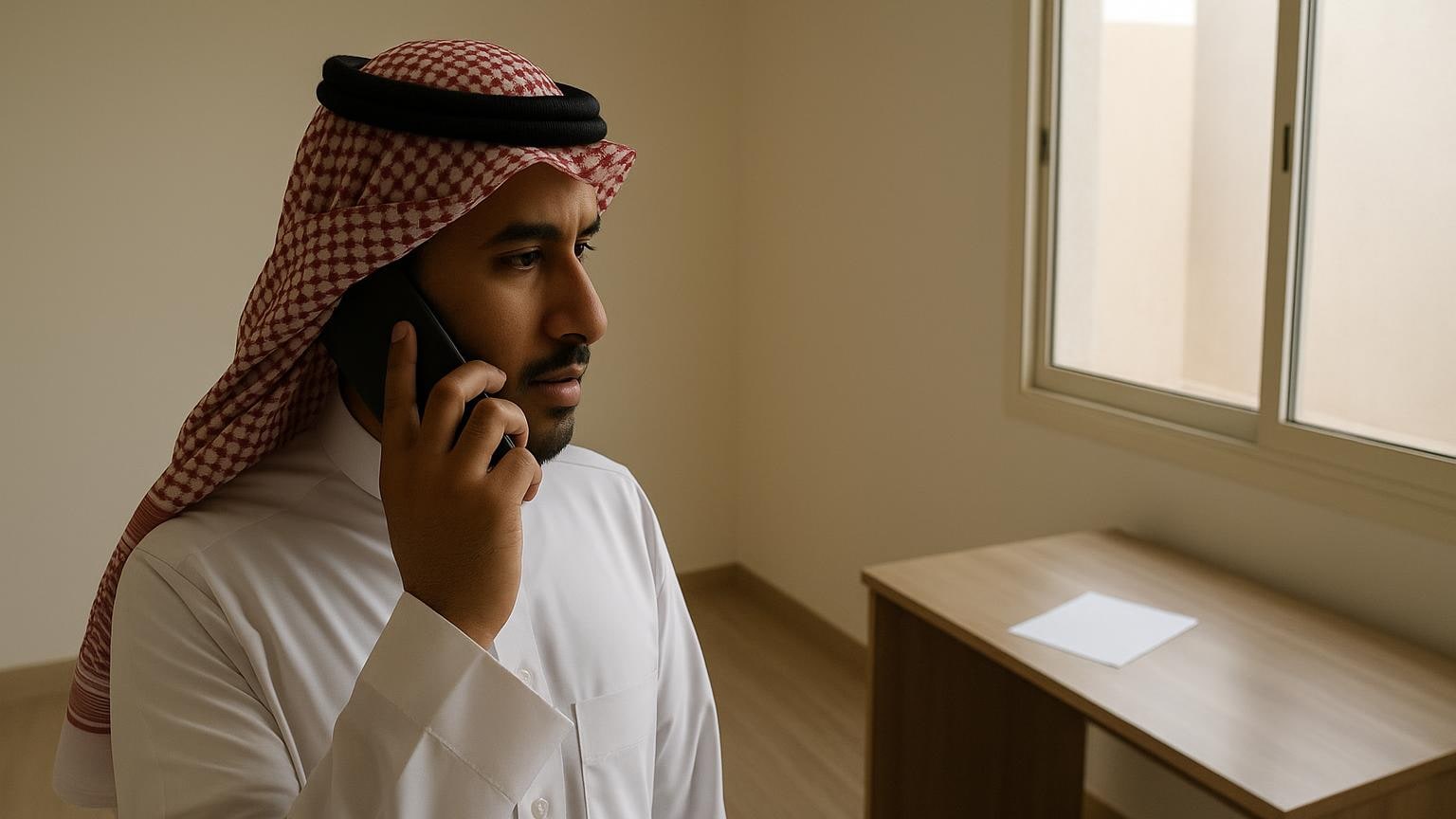 مستأجر يجري مكالمة اختبار قصيرة داخل غرفة يُحتمل استخدامها مكتباً منزلياً.
